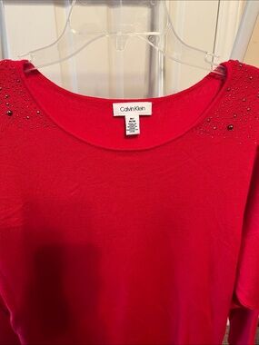 Calvin Klein Red Crewneck Sweater with Beaded Shoulders